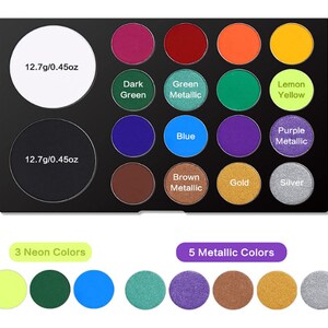 May include: A black eyeshadow palette with 18 shades, including neon and metallic colors. The palette contains two large pans, each labeled 12.7g/0.45oz, and smaller circular pans with colors like dark green, blue, and gold. The text "3 Neon Colors" and "5 Metallic Colors" are also visible.