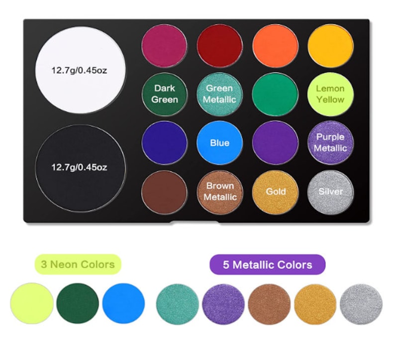 May include: A black eyeshadow palette with 18 shades, including neon and metallic colors. The palette contains two large pans, each labeled 12.7g/0.45oz, and smaller circular pans with colors like dark green, blue, and gold. The text "3 Neon Colors" and "5 Metallic Colors" are also visible.