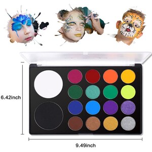 May include: A black face paint palette with a clear lid, measuring 9.49 inches wide and 6.42 inches high. The palette contains a large white circle, a large black circle, and 12 vibrant colors, including red, green, blue, and yellow. The image also shows three children with face paint.