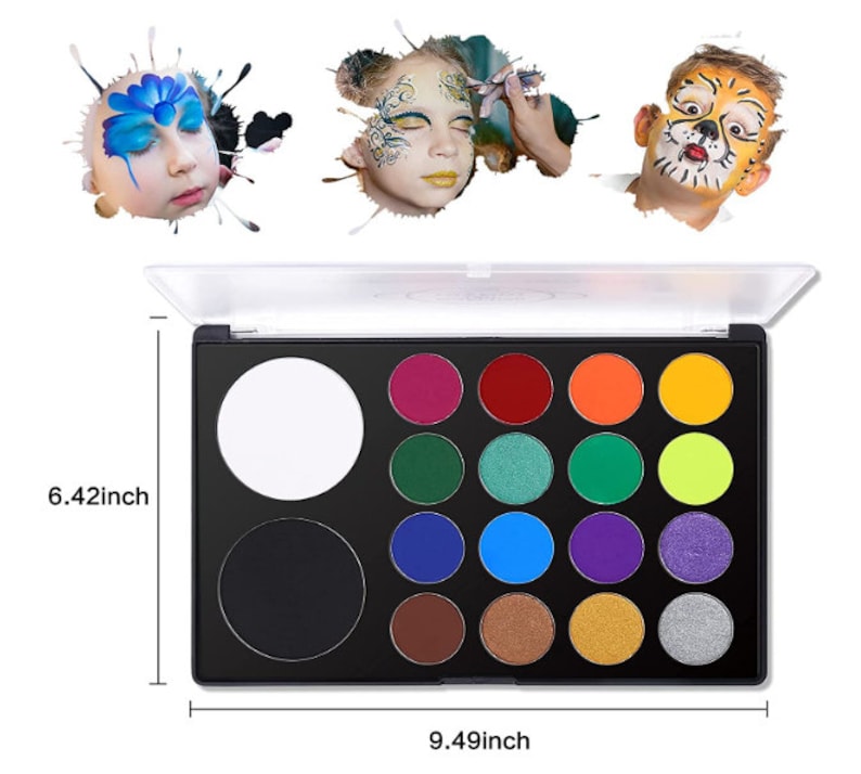 May include: A black face paint palette with a clear lid, measuring 9.49 inches wide and 6.42 inches high. The palette contains a large white circle, a large black circle, and 12 vibrant colors, including red, green, blue, and yellow. The image also shows three children with face paint.
