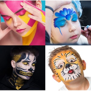 May include: A collage of four images showcasing face painting and body art. One image features a woman with pink and yellow geometric designs on her face. Another shows a child with blue flower face paint. The third depicts a person with skull makeup, and the last shows a child with tiger face paint.