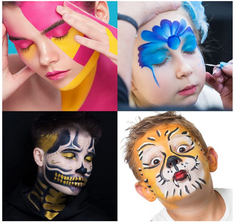 May include: A collage of four images showcasing face painting and body art. One image features a woman with pink and yellow geometric designs on her face. Another shows a child with blue flower face paint. The third depicts a person with skull makeup, and the last shows a child with tiger face paint.