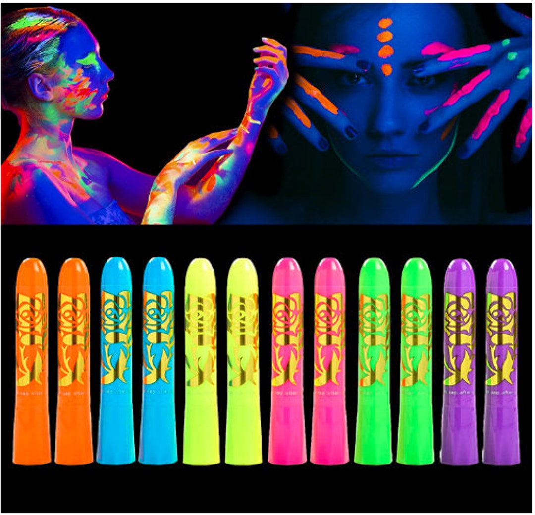 12pcs Glow in the Dark Body & Face Paint, Neon Glow in the Black Light UV Fluorescent Crayons