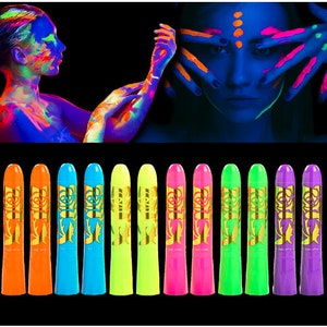 12Pcs Glow in The Dark Body & Face Paint, Neon Glow in The Black Light UV Fluorescent Crayons Paint Sticks for Kids and Adults
