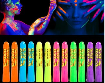 12Pcs Glow in The Dark Body & Face Paint, Neon Glow in The Black Light UV Fluorescent Crayons Paint Sticks for Kids and Adults