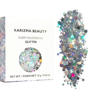 KARIZMA Holographic Silver Body Glitter/ 10g Chunky Face Glitter, Hair Glitter, Eye Glitter and Body Glitter for Women