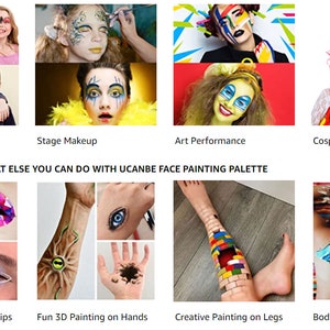 May include: A collage showcasing face and body painting ideas. The image includes examples of stage makeup, art performance, and cosplay. Text on the image reads "PAINTING IDEAS - WHAT ELSE YOU CAN DO WITH UCANBE FACE PAINTING PALETTE."