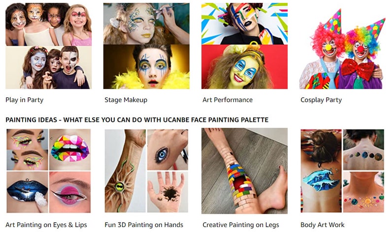 May include: A collage showcasing face and body painting ideas. The image includes examples of stage makeup, art performance, and cosplay. Text on the image reads "PAINTING IDEAS - WHAT ELSE YOU CAN DO WITH UCANBE FACE PAINTING PALETTE."