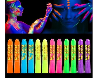 12 Neon UV Black Light Face & Body Paint Crayons