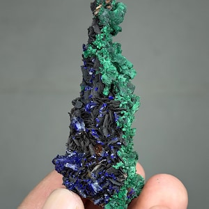Peut inclure: Spécimen minéral naturel présentant une combinaison d'azurite bleu foncé, de malachite vert vif et d'une matrice sombre, presque noire. La formation minérale a un aspect texturé et stratifié, avec des structures cristallines. Le spécimen est tenu sur un fond gris neutre.