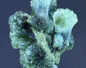 May include: A cluster of green and blue green actinolite crystals with a fan-like shape. The crystals are clustered together in a rough, natural formation.