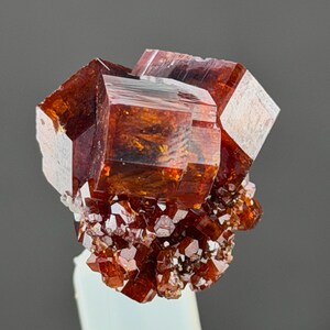 Spectacular Thumbnail Vanadinite – Three Intergrown Ruby-Red Crystals with Brilliant Luster & Fiery Orange Transparency
