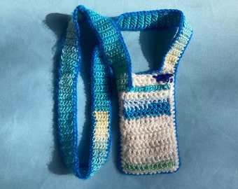 blue crochet phone bag