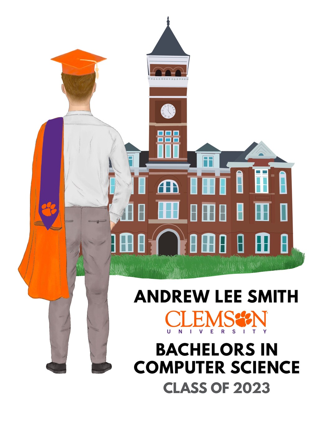 Clemson Graduation Men Print Tillman Hall and Memorial Stadium Digital