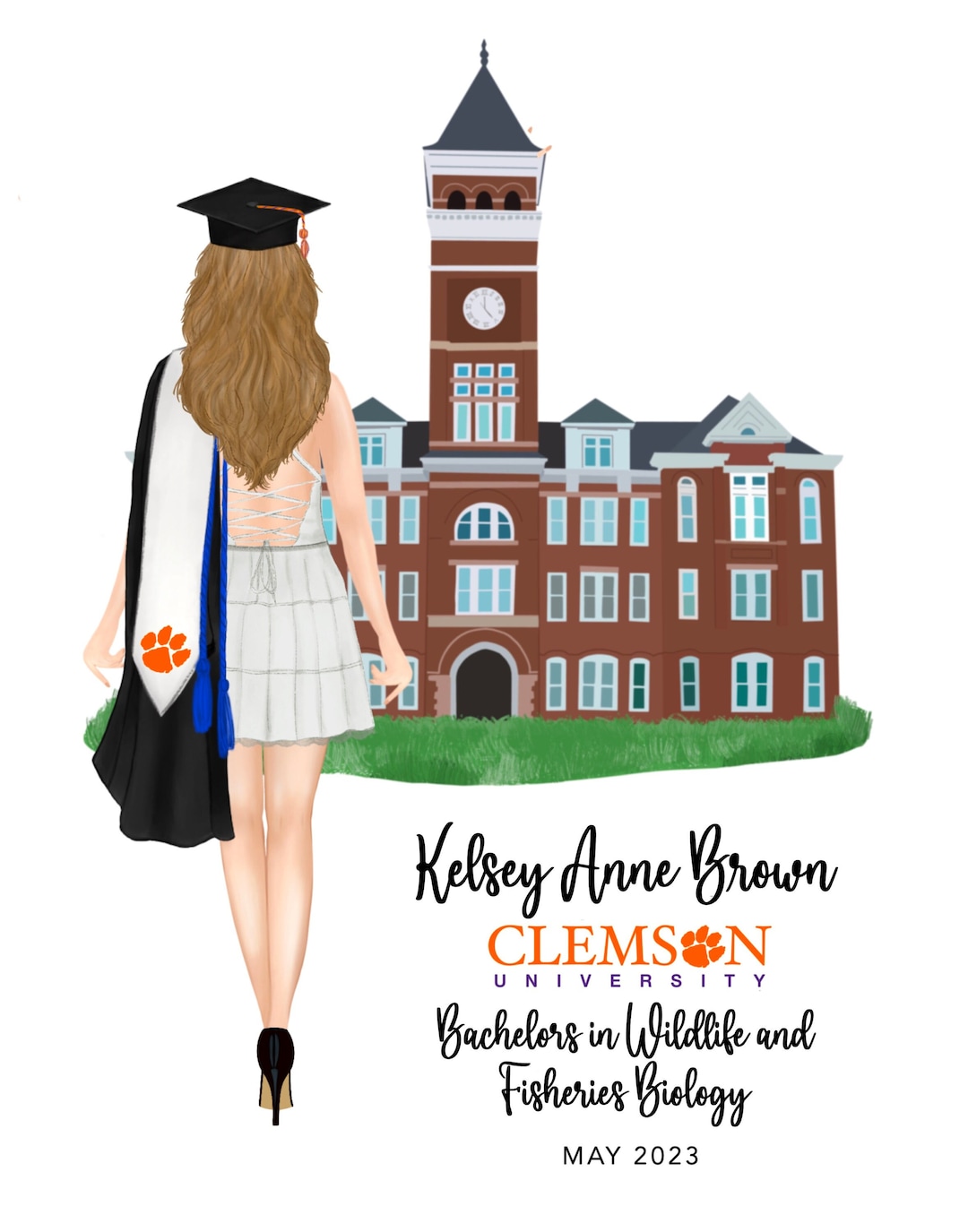 Clemson Graduation Girl Print Tillman Hall and Memorial Stadium Digital
