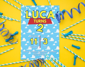 Zaproszenie urodzinowe Toy Story | Edytowalny szablon Canva | Zaproszenie z motywem chmur Toy Story | Motyw Pixar | Urodziny chłopca | Pobieranie cyfrowe