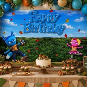 Sfondo per compleanno con foglie cadenti / Striscione per feste stampabile / Sfondo per cabina fotografica per bambini / Decorazioni per compleanno a tema bosco / Download immediato