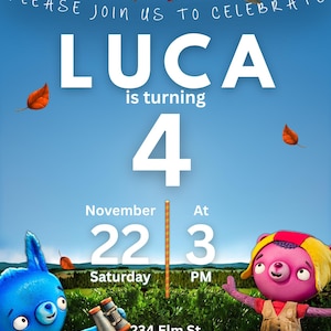 May include: An invitation for Luca's 4th birthday celebration. The design features a blue sky background with falling leaves and the text "PLEASE JOIN US TO CELEBRATE LUCA is turning 4". The date is November 22nd at 3 PM.