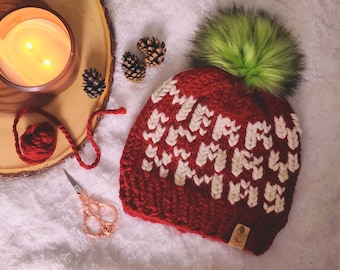 Merry Scary Christmas handknit cozy beanie with green pompom