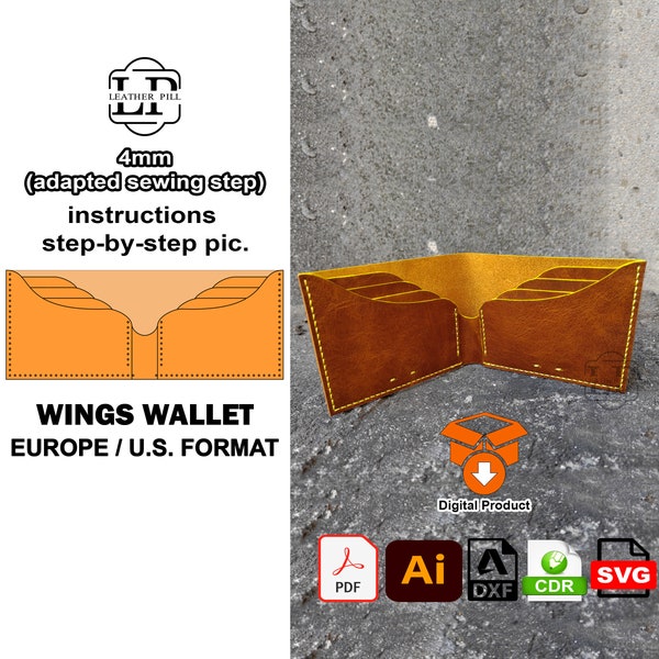 Wings Bi Fold Wallet PDF, leather pattern, leather wallet template Ilusion 4mm spacing U.S. / EU version cdr, dXF SVG