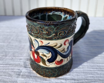 Rosemaled, Hand-built, Ceramic Mug