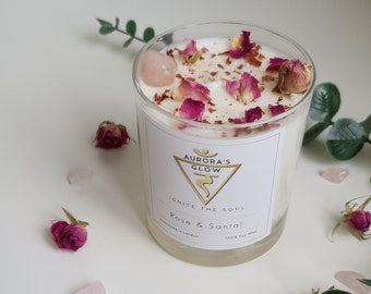 ROSE & SANTAL 10oz Soy Wax Candle with Crystals Candle for Love Manifestation Gift Rose Quartz Crystal Wood Candles Christmas Gifts