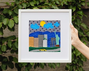 Manhattan Skyline Art Print: Embroidery-Style NYC Wall Art
