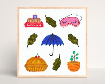 Cozy Autumn Giclée Art Print: Umbrella, Books, Pie (8x8)