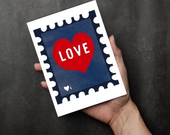 Love Heart Valentine Stamp Greeting Card - Affectionate Blank Inside Card