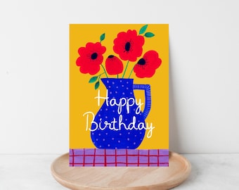Happy Birthday Gouache Flowers A2 Greeting card - 3 designs variations - Blank Inside Card