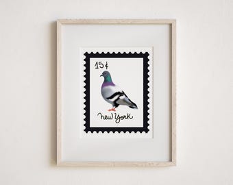 Vintage Stamp NYC Pigeon Art Print