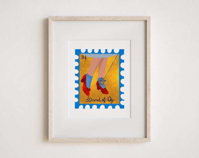 Featured listing image: Vintage Stamp Land of Oz Dorothy Red Shoes Art Print - Whimsical Art