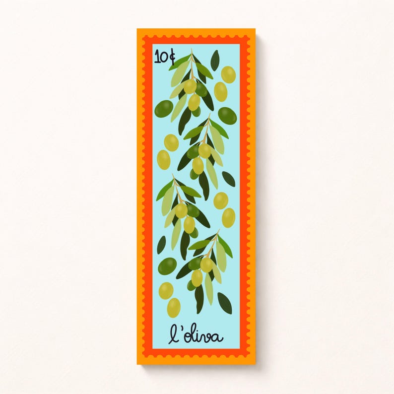 Stamp-inspired bookmarks - Mediterranean style - Lavender, Cherries, Oranges, Mandarins, Lemons, and Tomatoes. L’oliva