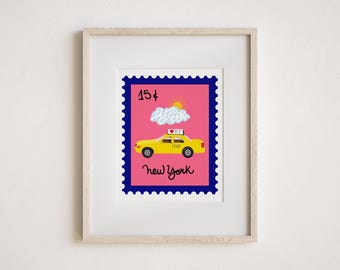 Stamp Inspired NYC Taxi Art Print – New York City Pink Print