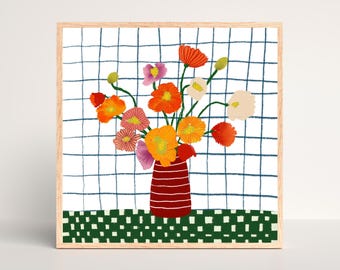 Poppies Still Life Art Print – Green Tablecloth, Floral Illustration