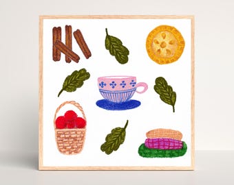 Tea & Apple Pie Giclée Art Print: Cozy Autumn Kitchen Decor