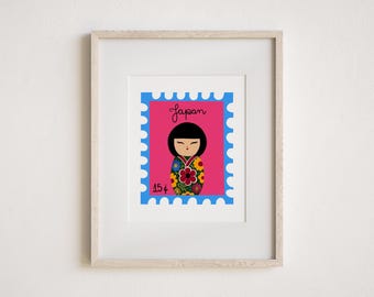 Vintage Stamp Japanese doll Art Print
