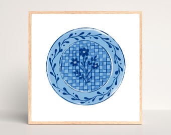 Vintage Floral Plate Art Print – Red, Green & Blue, Still Life Illustration