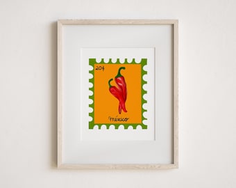 Mexico Tabasco Stamp Inspired Art Print – Tabasco Peppers Illustration