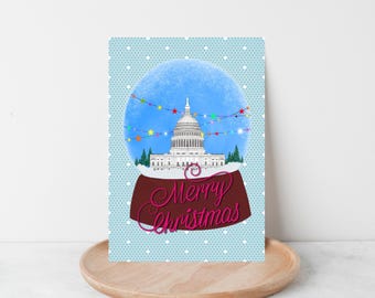 Merry Christmas Washington DC Greeting Card – White House or US Capitol Snow Globe Design