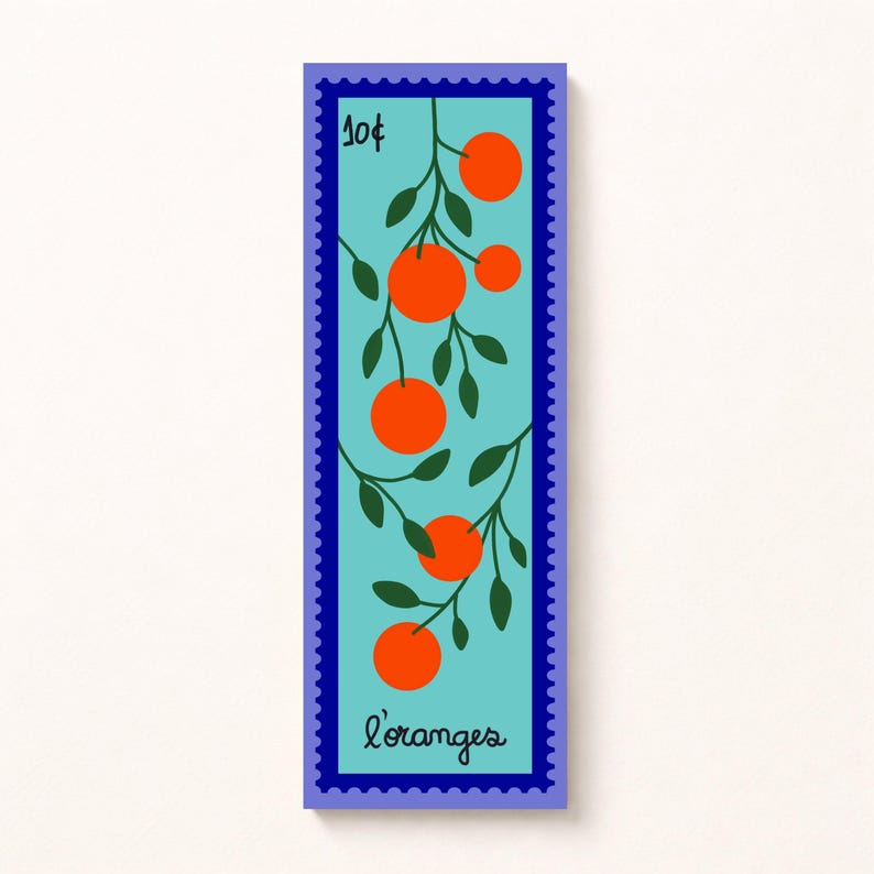 Stamp-inspired bookmarks - Mediterranean style - Lavender, Cherries, Oranges, Mandarins, Lemons, and Tomatoes. L'oranges