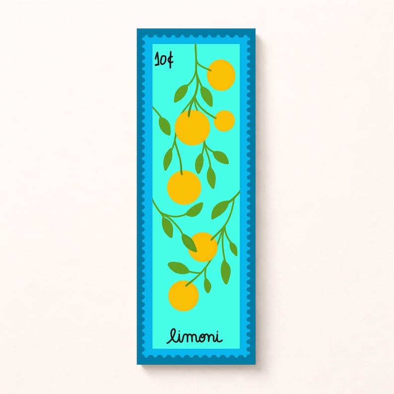 Stamp-inspired bookmarks - Mediterranean style - Lavender, Cherries, Oranges, Mandarins, Lemons, and Tomatoes. Limoni