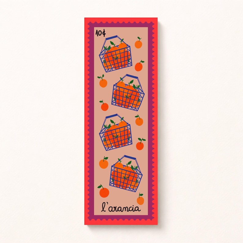 Stamp-inspired bookmarks - Mediterranean style - Lavender, Cherries, Oranges, Mandarins, Lemons, and Tomatoes. L'arancia
