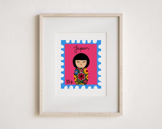 Featured listing image: Vintage Stamp Japan Kokeshi Doll Art Print