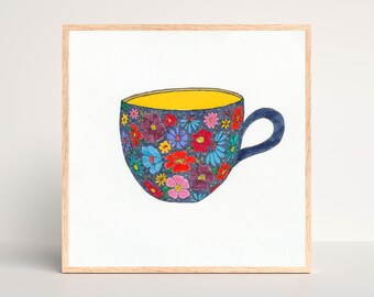 Colorful Tea Cup Giclée Art Print - Kitchen decor gift - Dinner room decor