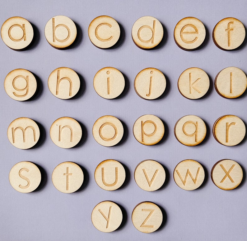 Wooden Lowercase Alphabet Discs Wood Letter Discs Montessori Etsy