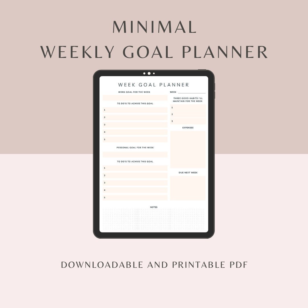 Minimal Printable Peachy Weekly Goal Planner - Etsy