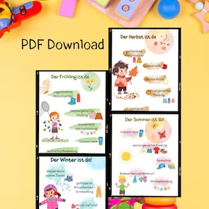 Könnte beinhalten: Ein PDF-Download mit Lehrtafeln über saisonale Kleidung für Kinder. Die Tafeln, auf Deutsch, veranschaulichen die passende Kleidung für Frühling, Sommer, Herbst und Winter, mit farbenfrohen Illustrationen und Text. Das Bild enthält auch farbenfrohes Holzspielzeug.