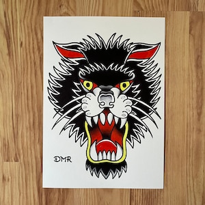 Original A4 traditional wolf painting