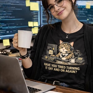 Funny IT Support Cat T-Shirt Have You Tried Turning It Off And On Again Tee Tech Support Humor Shirt Programmer Gift 100% Cotton
